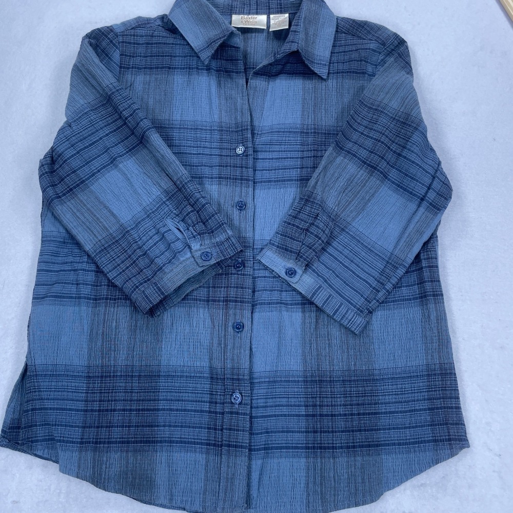 Baxter & Wells Petite Blue Plaid Textured 3/4 Sleeve Button Front Shirt PM